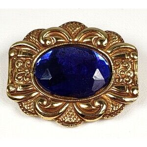 Vintage 1980's Signed Paquette Blue Oval Domed Cabochon Gold Tone Brooch